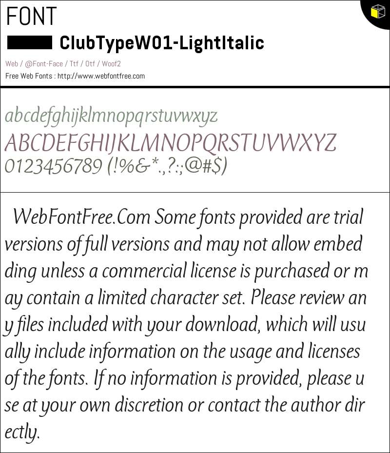 Club Type W01 Light Italic Fonts Downloads - WebFontFree.Com