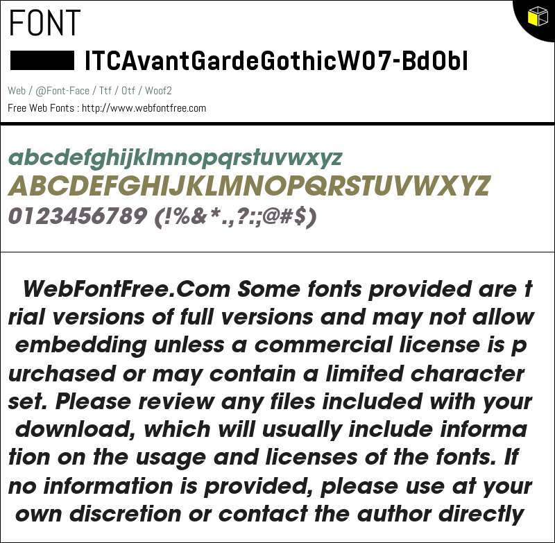 ITC Avant Garde GothicW07BdObl Fonts Downloads - WebFontFree.Com
