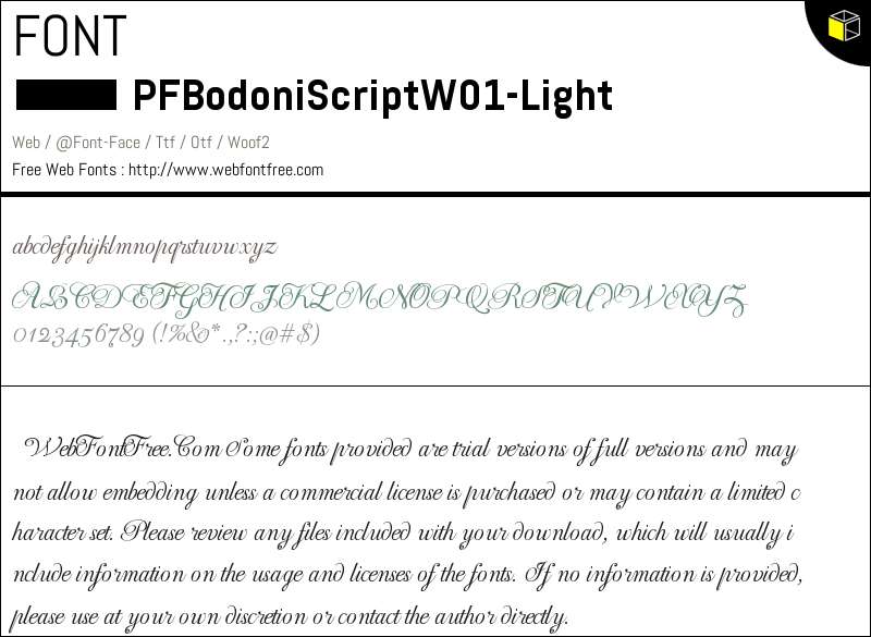 PF Bodoni Script W01 Light Fonts Downloads - WebFontFree.Com