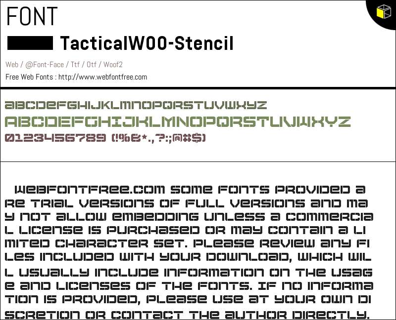 Tactical W00 Stencil Fonts Downloads - WebFontFree.Com